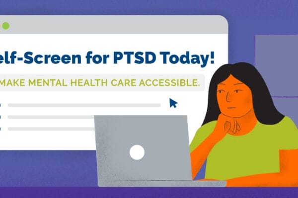 Illustrated image of a woman sitting at a laptop where the viewer can see her desktop behind her; her computer screen reads, 