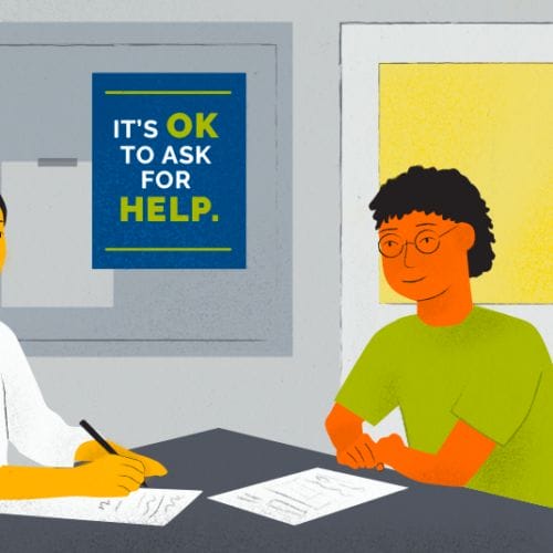 Hand-drawn graphic of a student and adult sitting at a table having a conversation with a sign in the back on a bulletin board reading, 