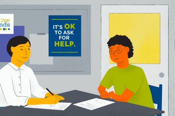 Hand-drawn graphic of a student and adult sitting at a table having a conversation with a sign in the back on a bulletin board reading,