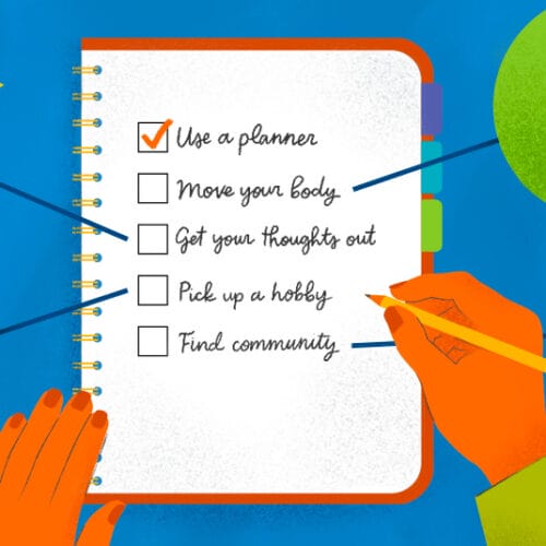 Hand-drawn graphic of a list in a planner reading 