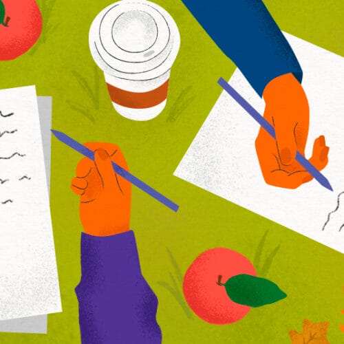Aerial illustration of two people journaling outside with coffee cups, apples, and fall leaves surrounding them on the ground.
