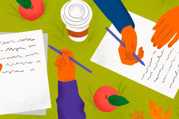 Aerial illustration of two people journaling outside with coffee cups, apples, and fall leaves surrounding them on the ground.