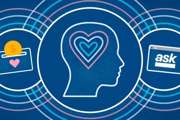 Illustration of icons indicating a person's head, the ASK tool, and a donation box, using a portion of the transgender pride colors blue, pink, and white.