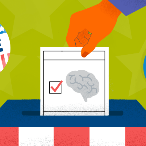 Illustrated graphic of a hand dropping a ballot in a ballot box. On the ballot is a picture of a brain with a check mark. Stickers are on opposite sides of the ballot box — one is a 