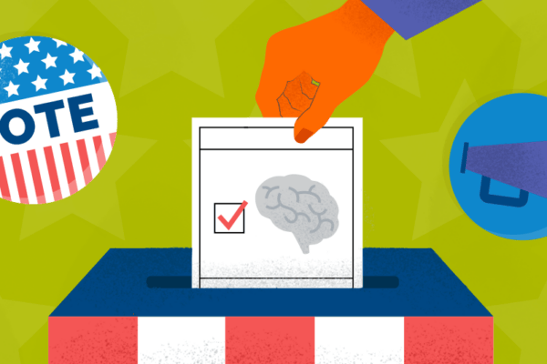 Illustrated graphic of a hand dropping a ballot in a ballot box. On the ballot is a picture of a brain with a check mark. Stickers are on opposite sides of the ballot box — one is a 