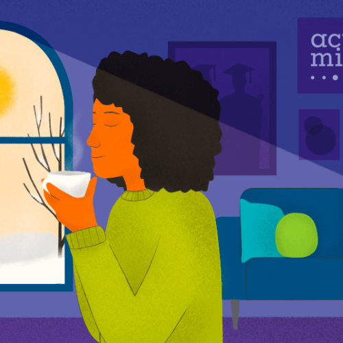 Hand-drawn image of a woman holding a steaming mug, with the sunshine on her face from a window. Outside, the ground is covered in snow.