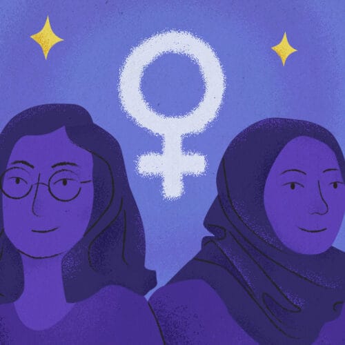 Illustration of four women with the female sex symbol in the center surrounded by yellow stars, all done in purple hues.