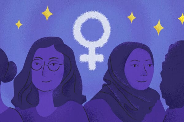 Illustration of four women with the female sex symbol in the center surrounded by yellow stars, all done in purple hues.