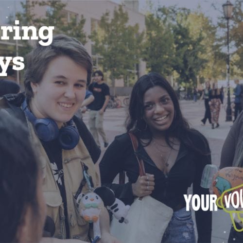 Photo of Active Minds students on campus with text reading, 