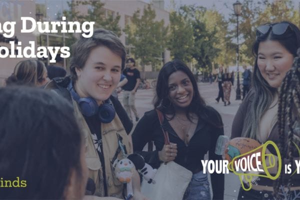 Photo of Active Minds students on campus with text reading, 