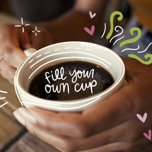 Image of a person holding a coffee cup with words inside the cup reading, 