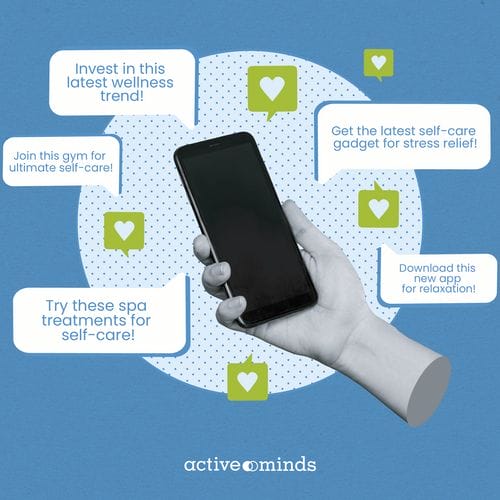 Image of a hand holding a cellphone surrounded by text bubbles reading messages such as, 