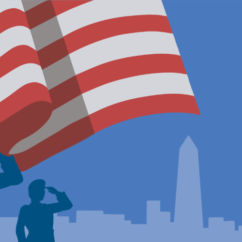 Illustrated image of veterans saluting, with a flag, jets flying, and the Washington D.C. skyline in the background.