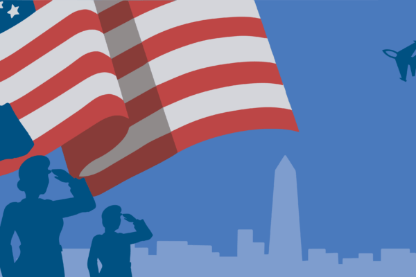 Illustrated image of veterans saluting, with a flag, jets flying, and the Washington D.C. skyline in the background.