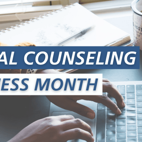 Photo of woman typing on computer in background, with text reading 