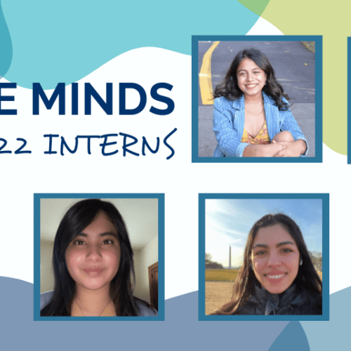 Background with transparent green, blue, and teal abstract shapes. Blue text reads 