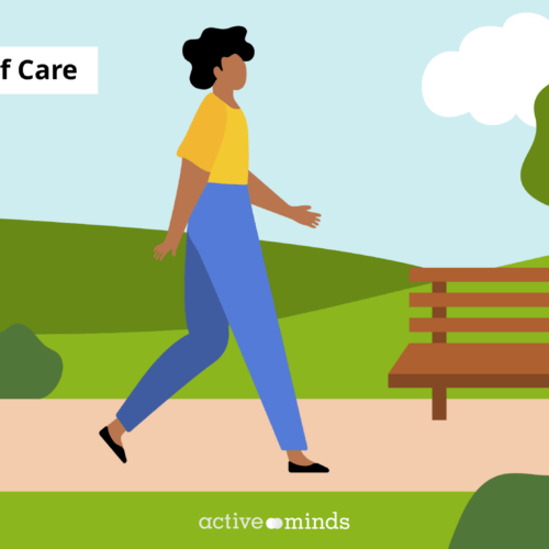 A cartoon style-graphic features a person walking down a path surrounded by grass, a small hill, trees, and a bench. The words 