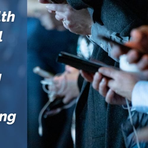 Group of people looking at their phones in the background with text reading, 