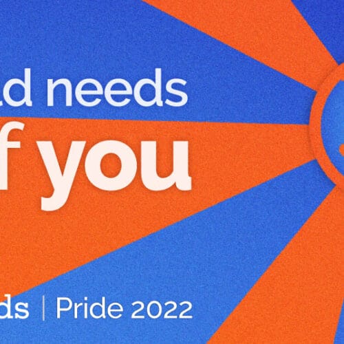 Blue and orange starburst background with an illustration of the world at the center and text reading, 