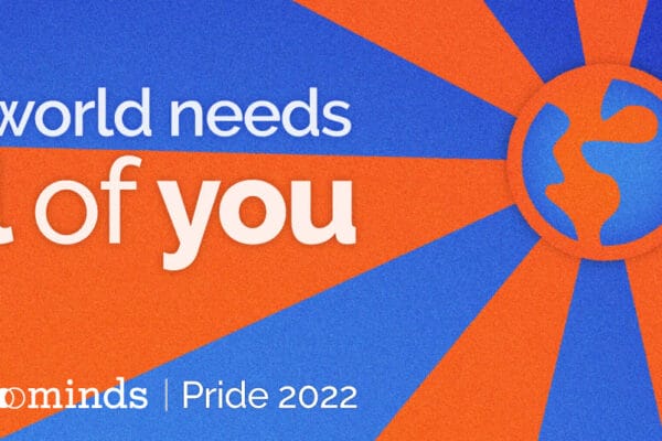 Blue and orange starburst background with an illustration of the world at the center and text reading, 