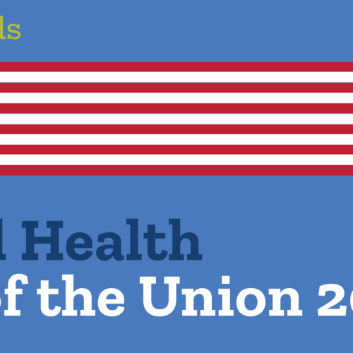 Blue background with American flag and stars graphics, and text reading, 