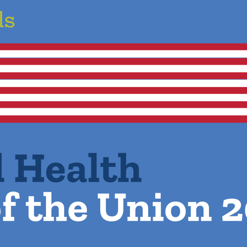 Blue background with American flag and stars graphics, and text reading, 