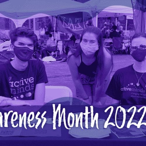 Photo of Active Minds students from the University of Arizona with a purple overlay and text reading 