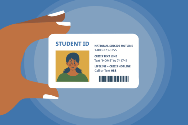Illustrated image of a hand holding a Student ID card with the National Suicide Hotline, Crisis Textline, and 988 listed on it.