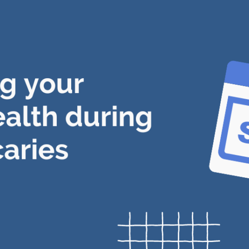 Blue background with abstract shapes and calendar reading 