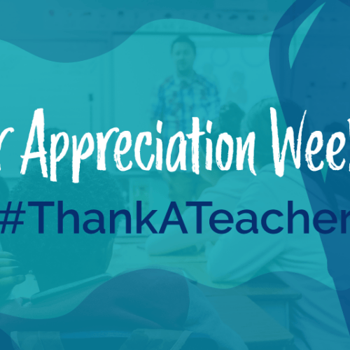 Photo of a teacher in front of a classroom in the background, with a blue and teal overlay and text reading 