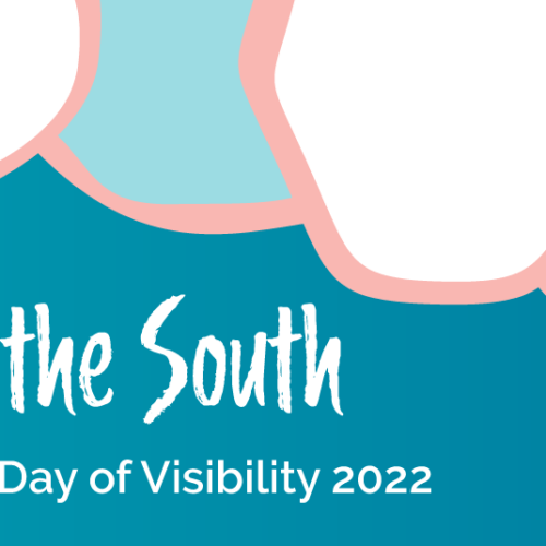 Pink, blue, gray, and white abstract circles decorate the background, with text reading 