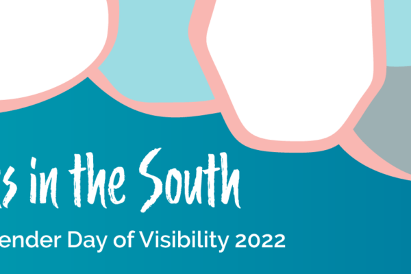 Pink, blue, gray, and white abstract circles decorate the background, with text reading