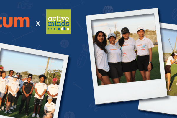 Photos from Active Minds and Optum golf clinic with Active Minds and Optum logos.