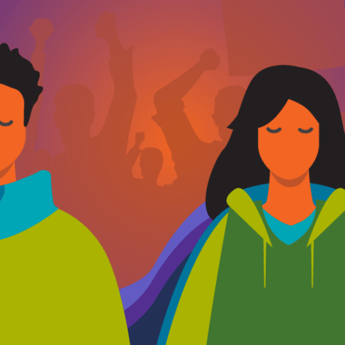 Two figures standing in front of a crowd of silhouettes with signs and fists raised.