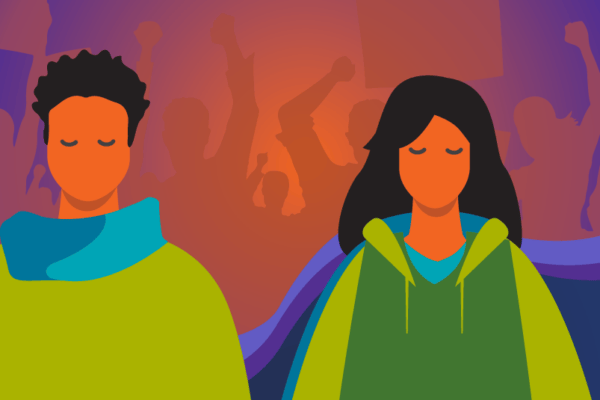 Two figures standing in front of a crowd of silhouettes with signs and fists raised.