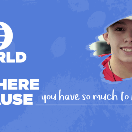 Blue background with photo of Langdon Woo and his mother Alice in the top right-hand corner; white 