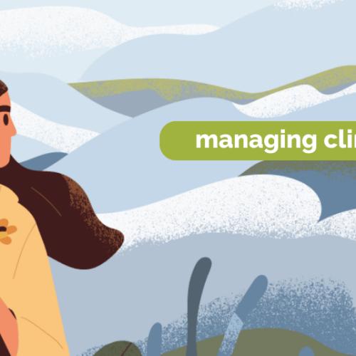 Illustrated image of woman holding a flower looking off in the distance with an abstract nature scene behind her. Text reads, 