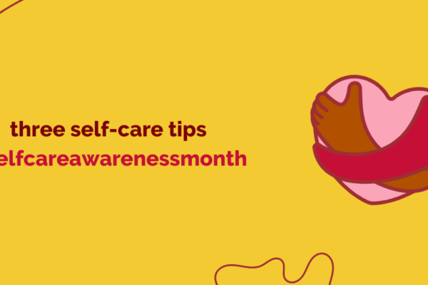 Yellow background with abstract shapes and a pink heart with two hands wrapped around it, giving a hug. Text reads 