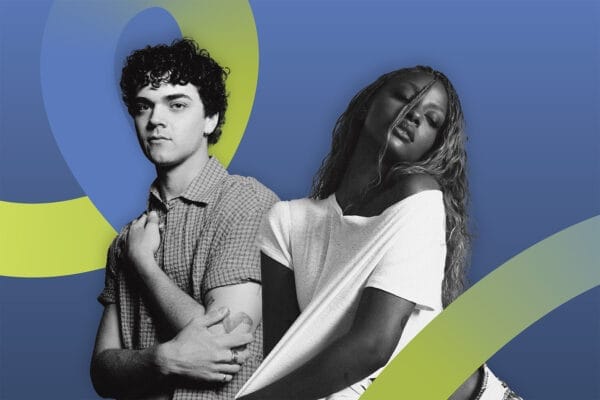 Black and white photos of Alexander Stewart and Justine Skye in front of a stylized background