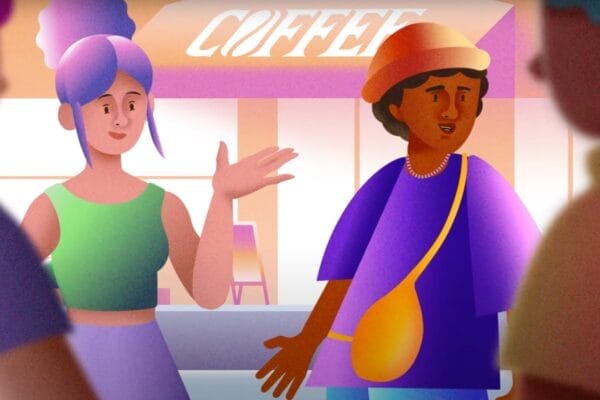 Illustration of two characters talking outside a coffee shop