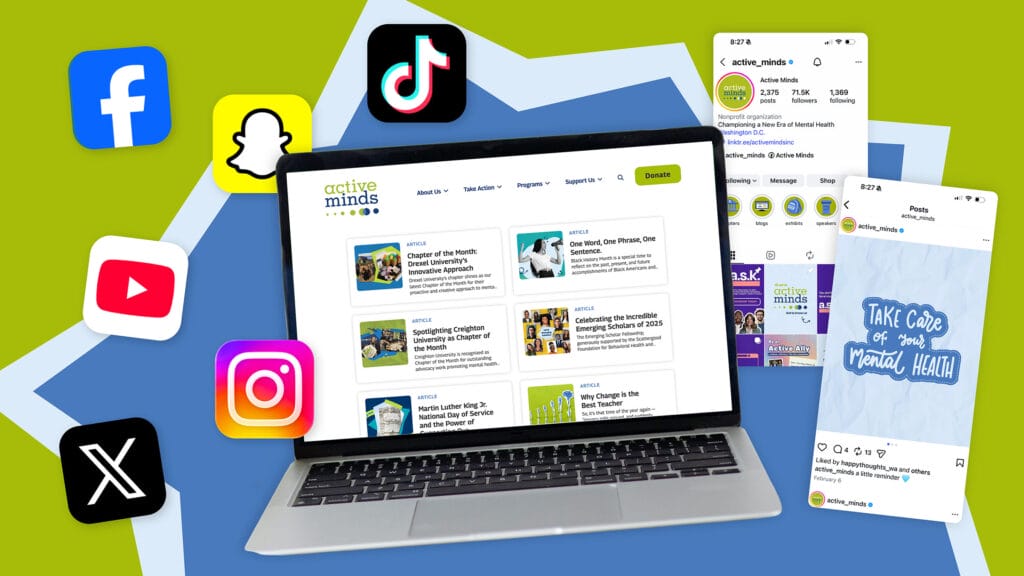 Laptop with Active Minds site, surrounded by social media icons and posts.
