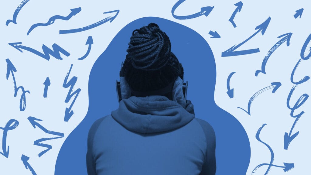 Person in headphones overwhelmed by arrows and scribbles of digital noise.