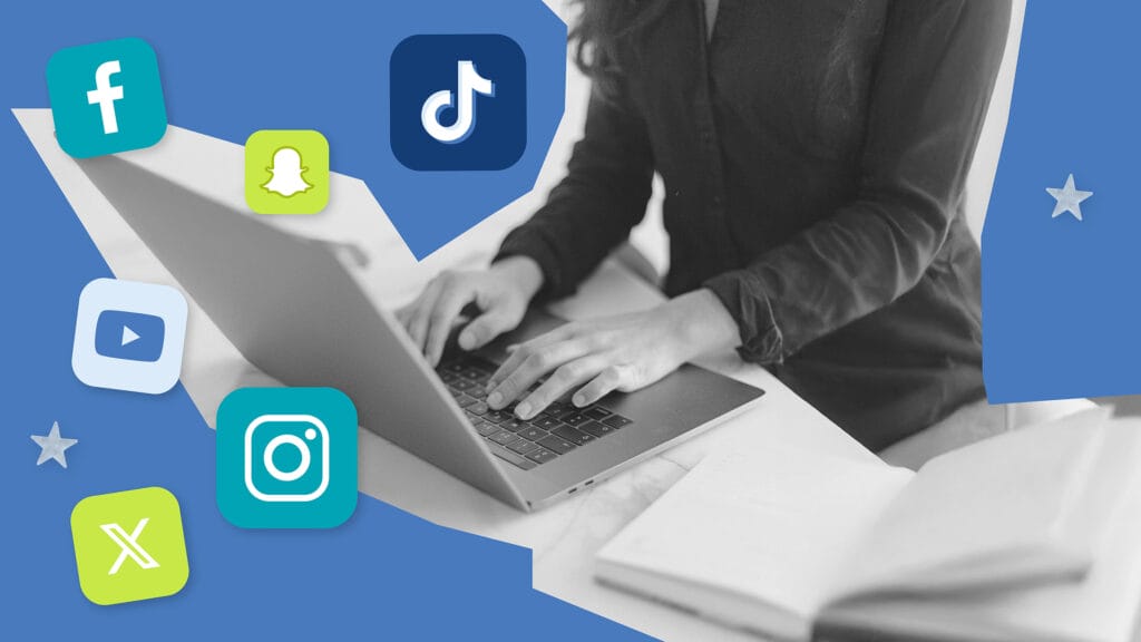 Person typing on a laptop with social media icons floating nearby.